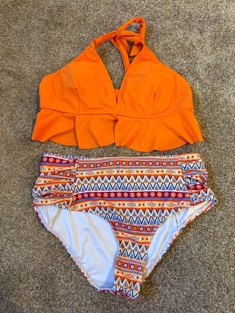 Orange Ruffle Halter Bikini Top with Geo Print High Waist Bottoms